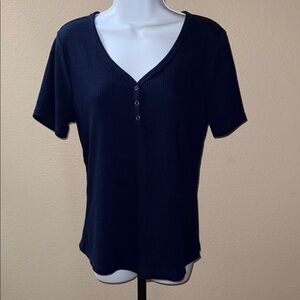 Merokeety Classic Rib Navy V-Neck Short Sleeve Top Women’s Size L